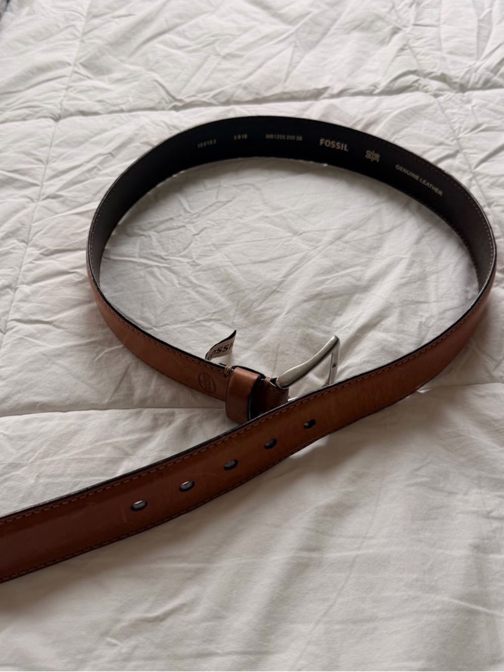Fossil Tan Brown Leather Belt with Silver Buckle, Fits Like Medium